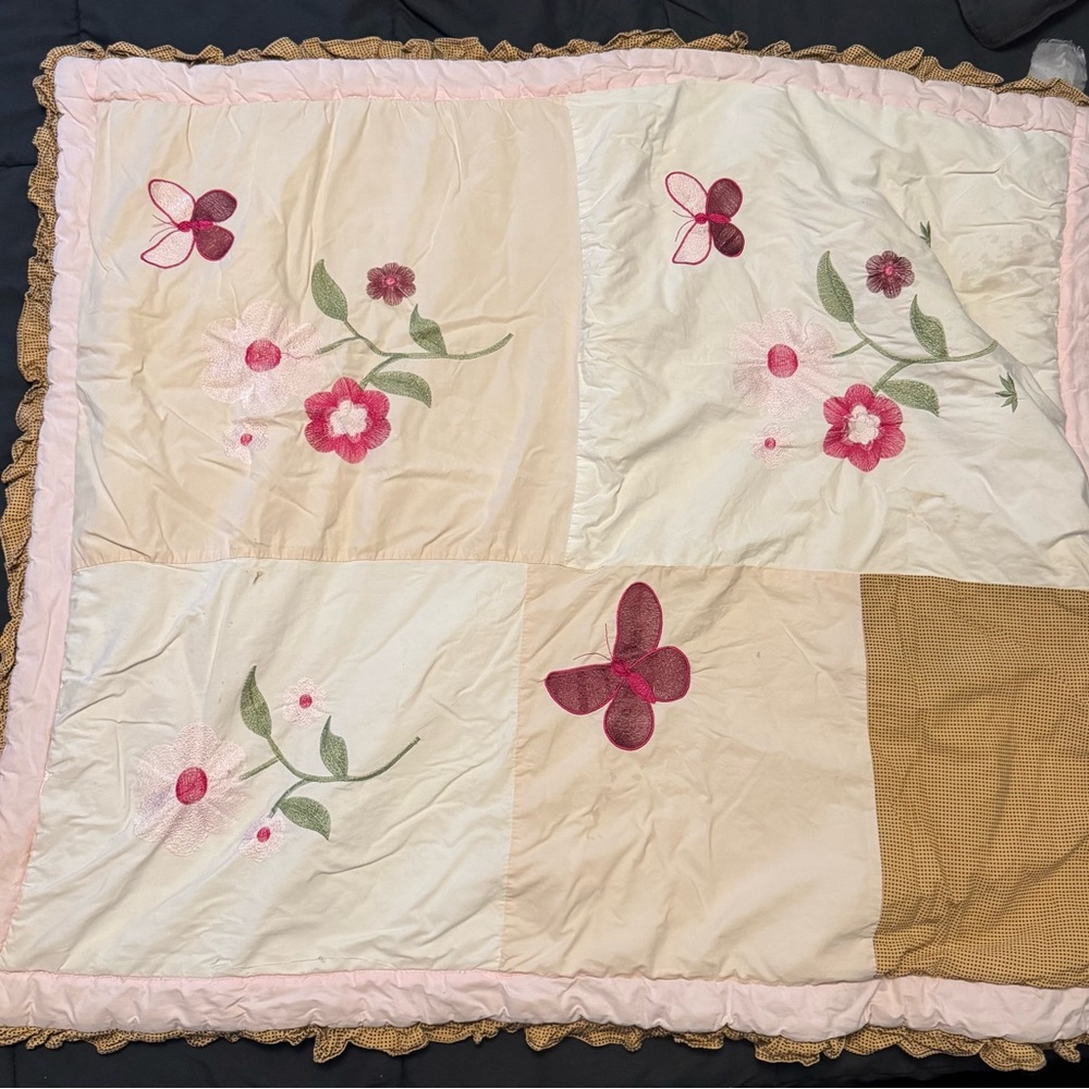 Child’s Floral Embroidered Quilt with Pink and Cream Accents